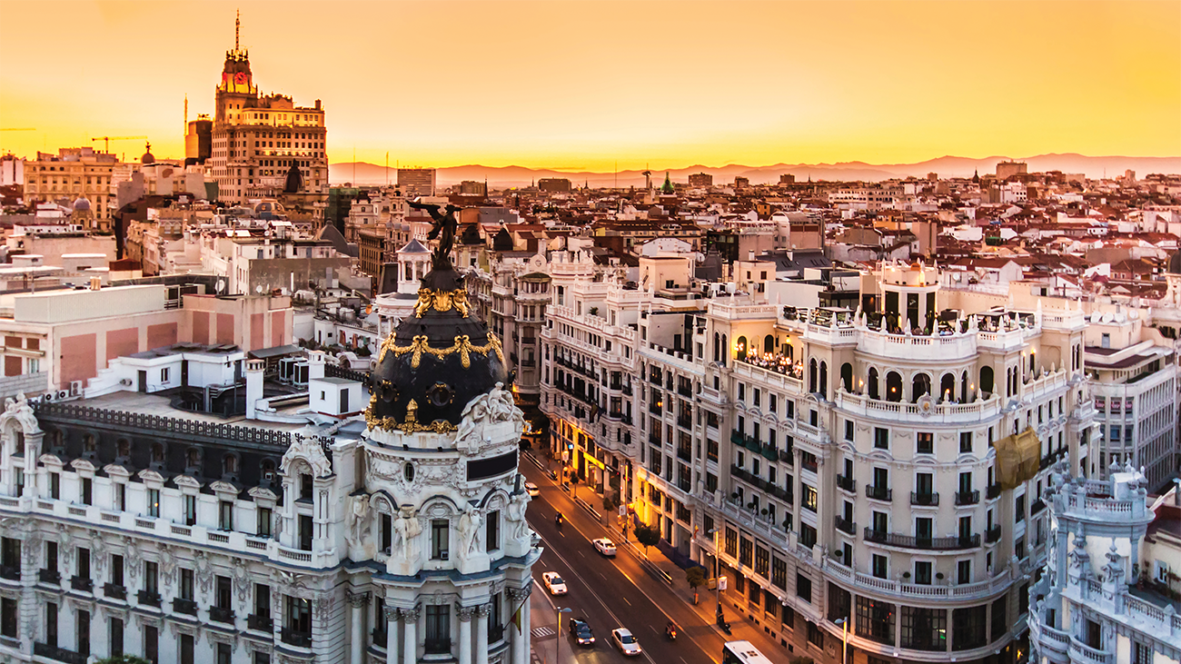 Aerial view of sunset over the city streets of Madrid, Spain