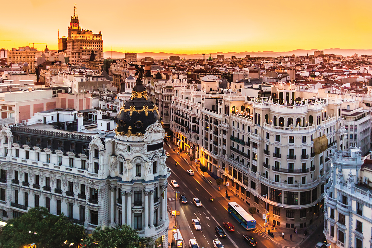 Aerial view of sunset over the city streets of Madrid, Spain