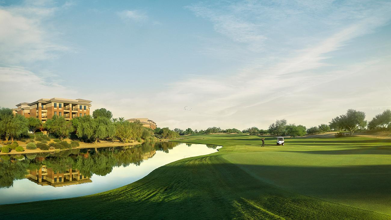 Exterior of Westin Kierland Villas Golf Club, Scottsdale, Arizona showing golf course and resort timeshare building