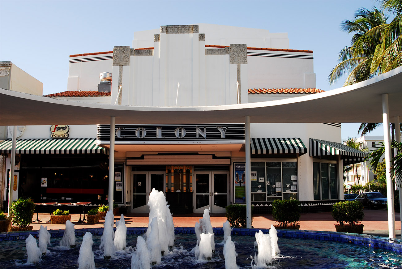 Water bubbles from a fountain in front of Colony Theatre on Miami Beach, Florida.
