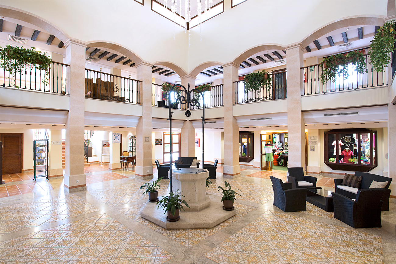 A well-appointed lobby features marble floors and tiles