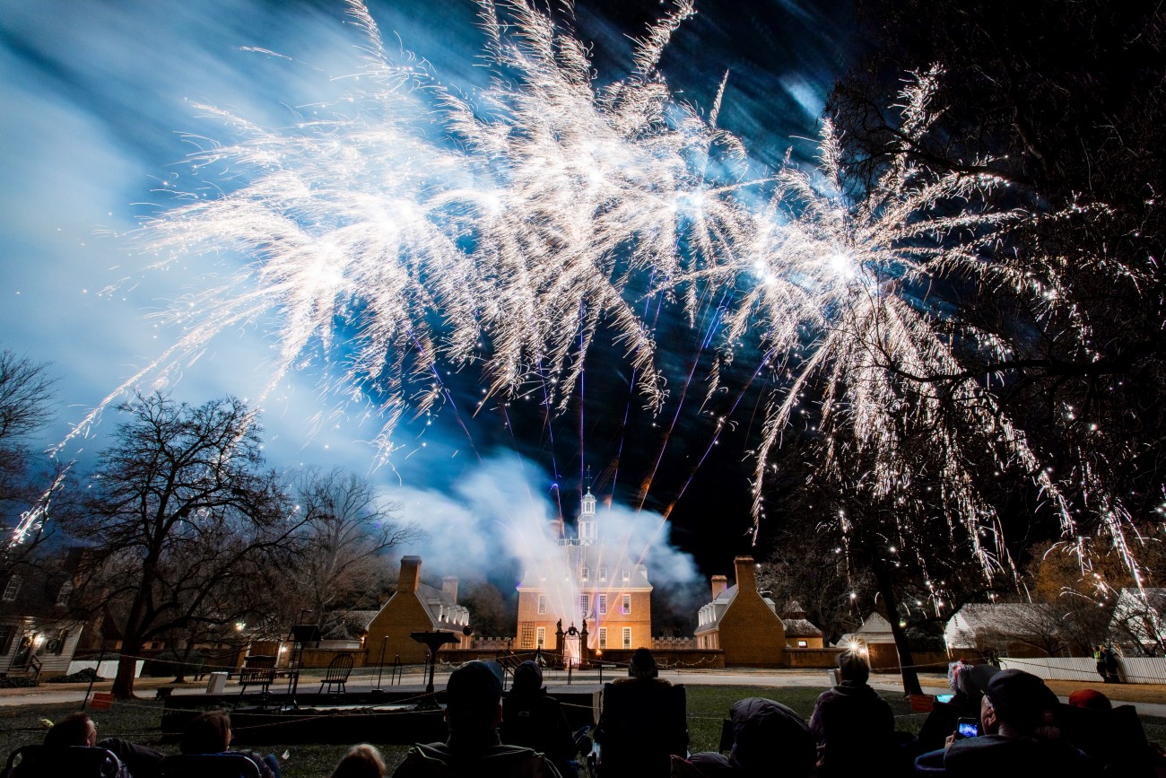 1) Fireworks burst in the night sky during the Grand Illumination event in Williamsburg, Virginia.