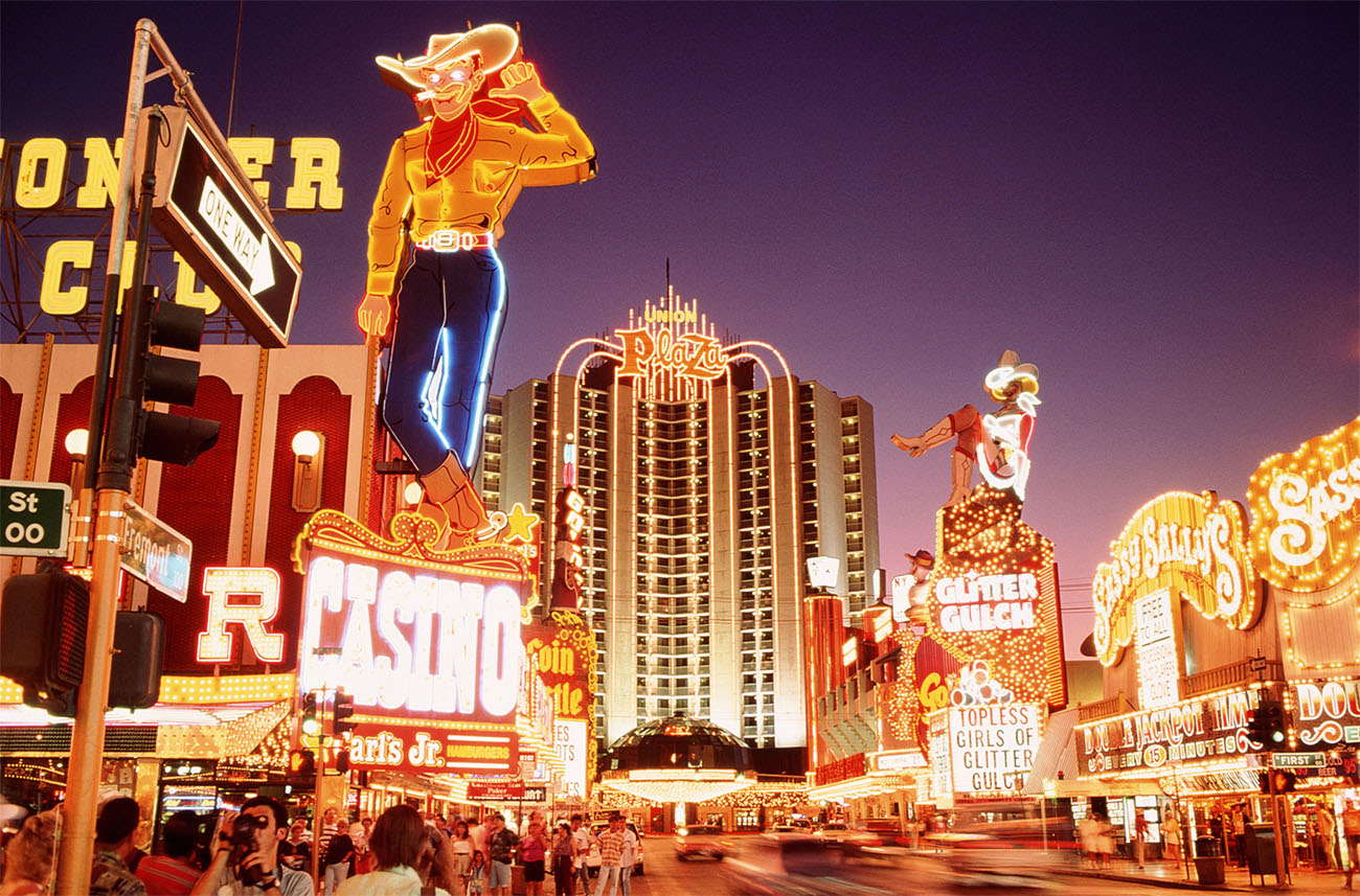 The lights of Las Vegas shine under a clear night sky