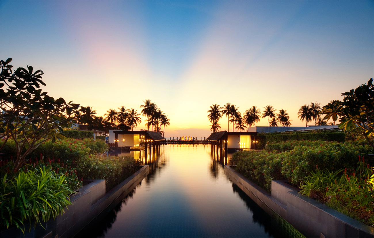 Sunset over the pool at Marriott Vacation Club, Khao Lak.