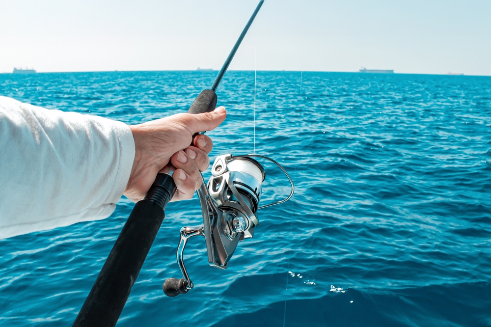 A sportfishing rod cast over open water.
