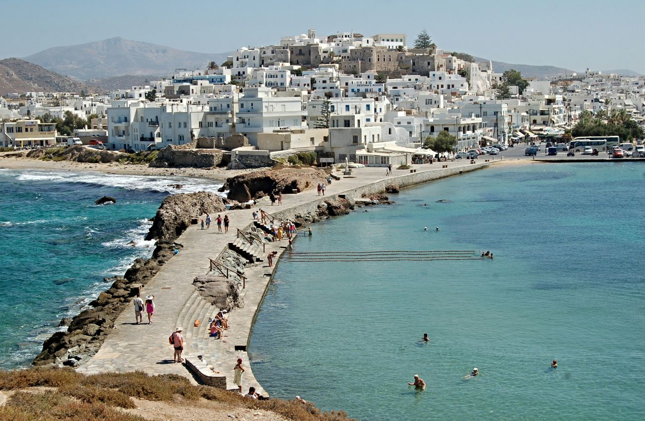 Coastal view of Naxos in the Lower Cyclades of Greece.