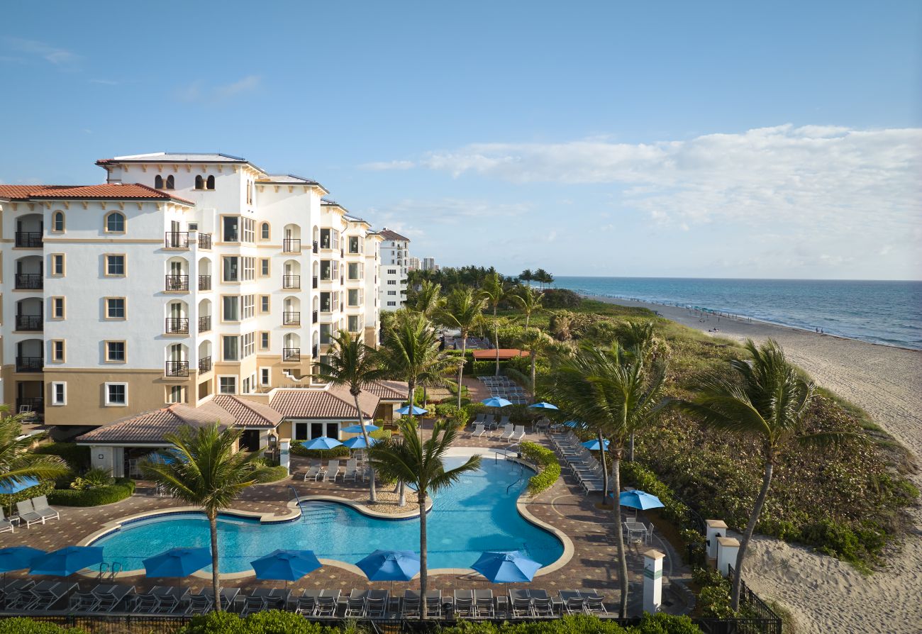 Aerial view of Marriott’s Ocean Pointe featuring a pool.