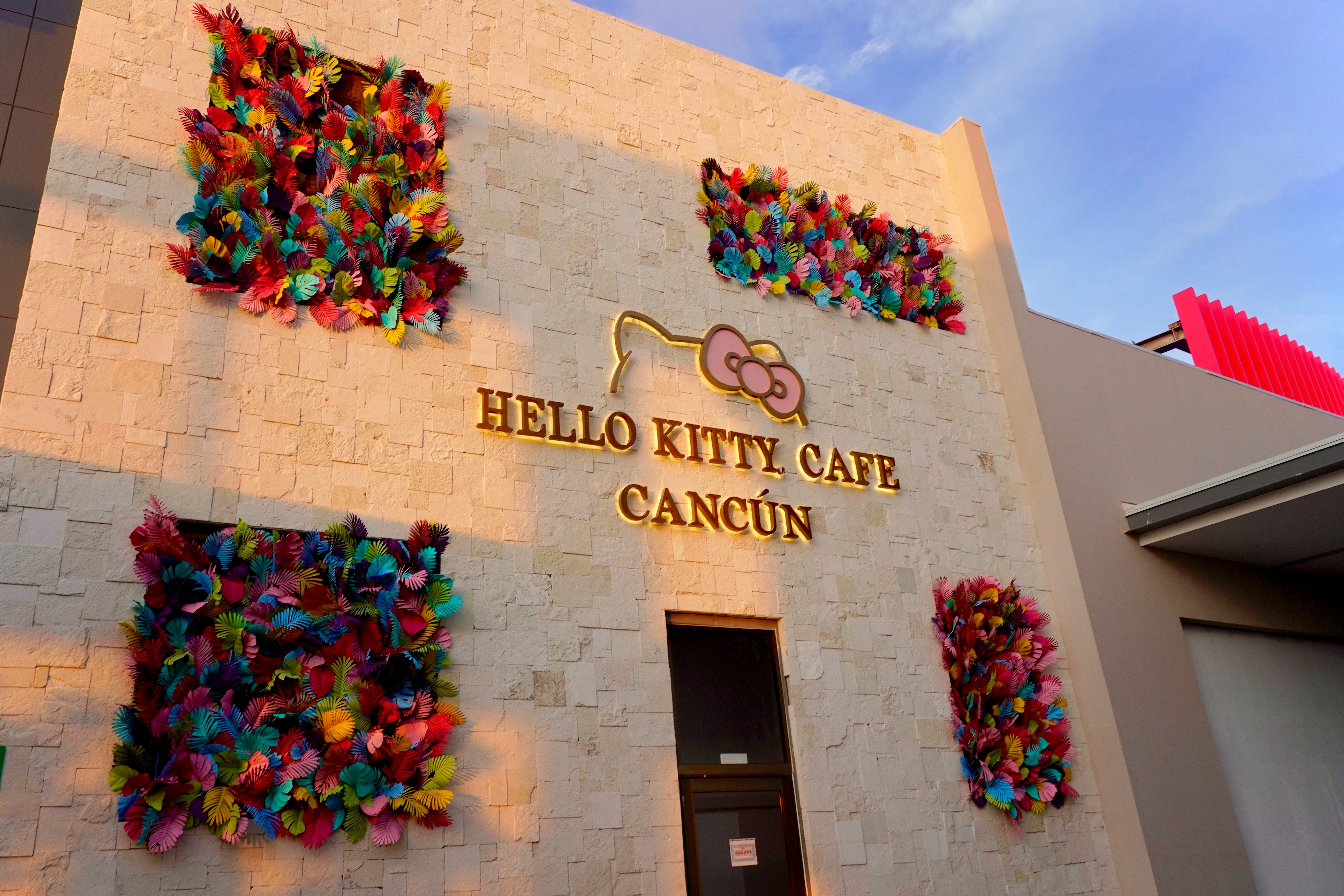 The sun shines on the Hello Kitty Cafe in Cancún before the day begins.