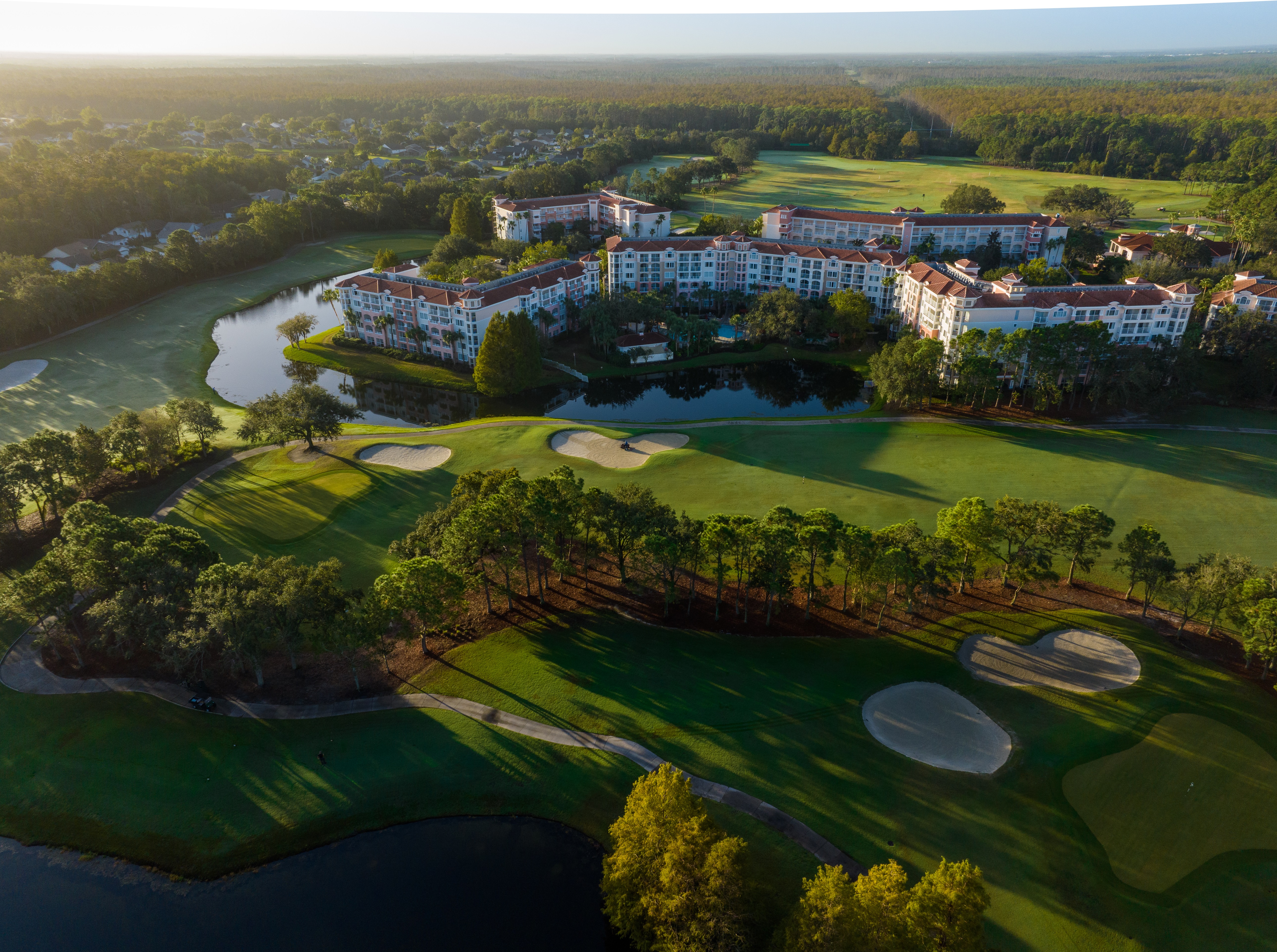 Aerial view of Marriott’s Grande Vista alongside a golf course in Orlando, Florida