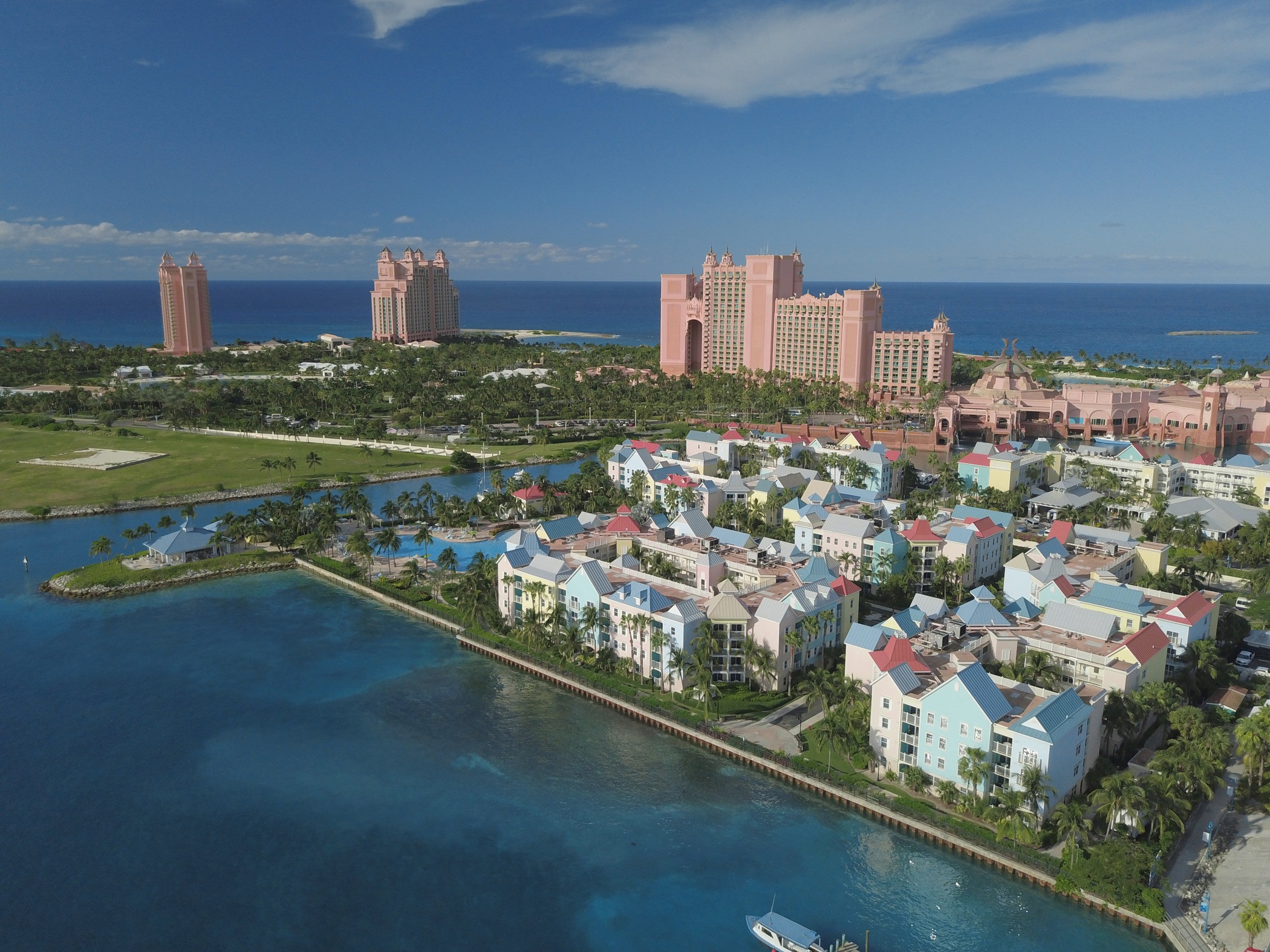 Aerial view of Harborside Resort at Atlantis in the Bahamas