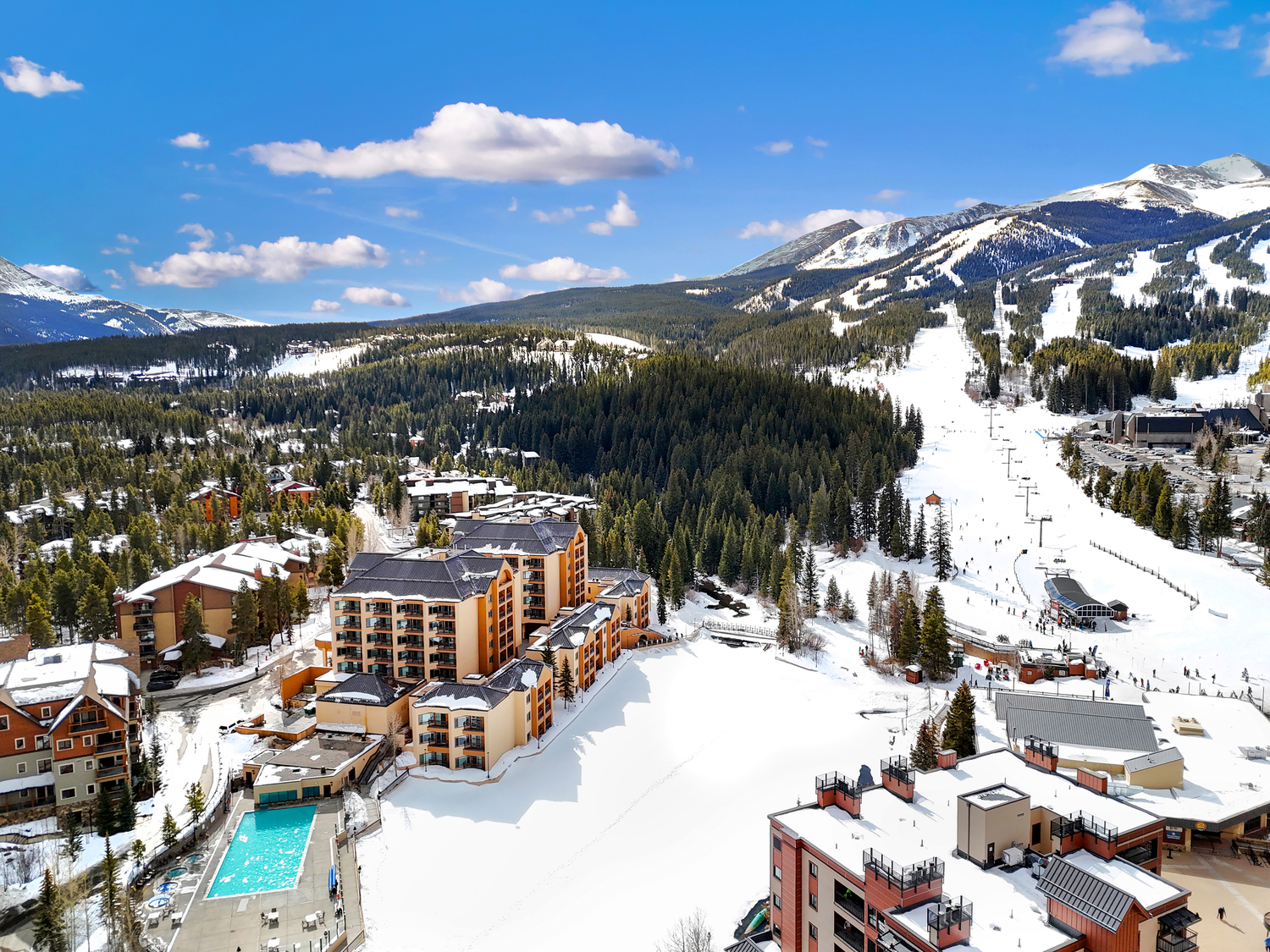 Aerial view of Marriott’s Mountain Valley Lodge near the ski slopes in Breckenridge, Colorado