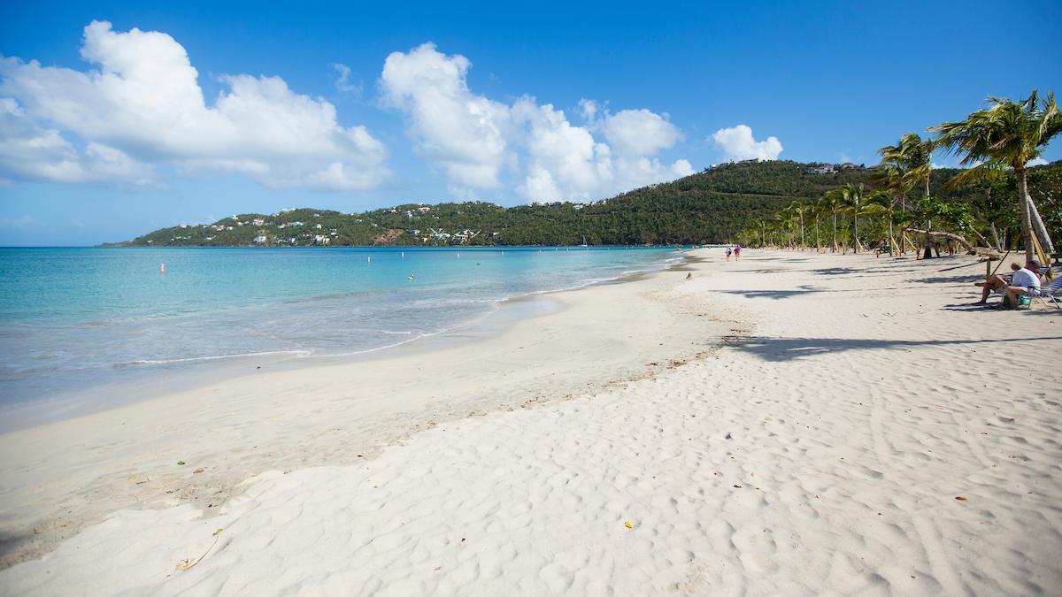 White sand beach lined with palms at Magens Bay, Saint Thomas, a Marriott Vacation Club timeshare destination