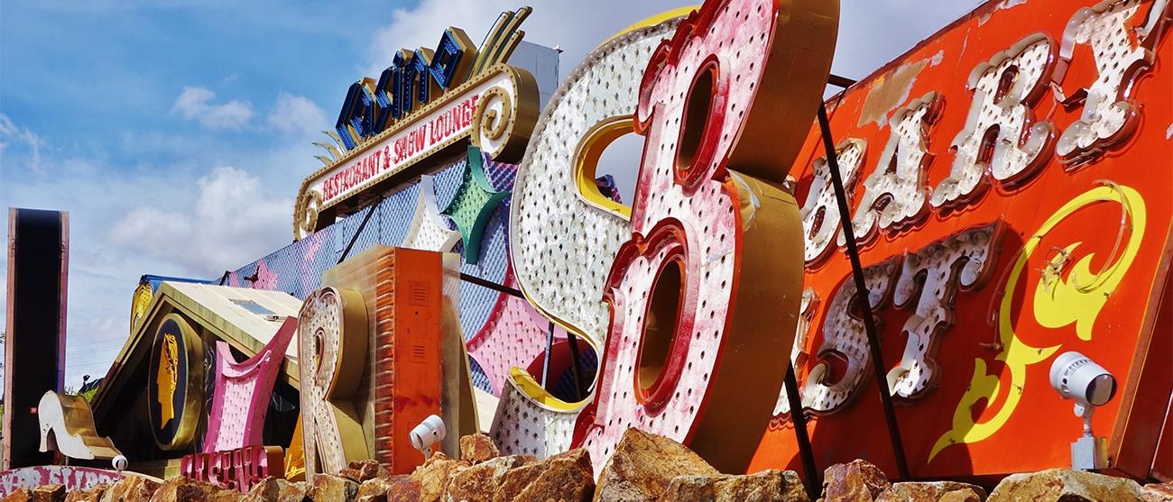 A collection of offbeat vintage hotel signs in Las Vegas, a Marriott Vacation Club destination