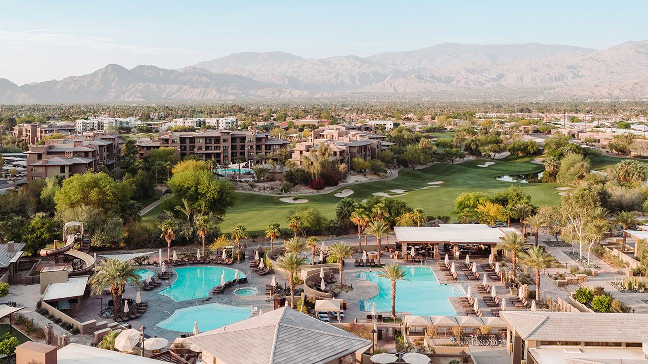 Aerial view of Westin Vacation Club golf resort pool and complex at Palm Springs