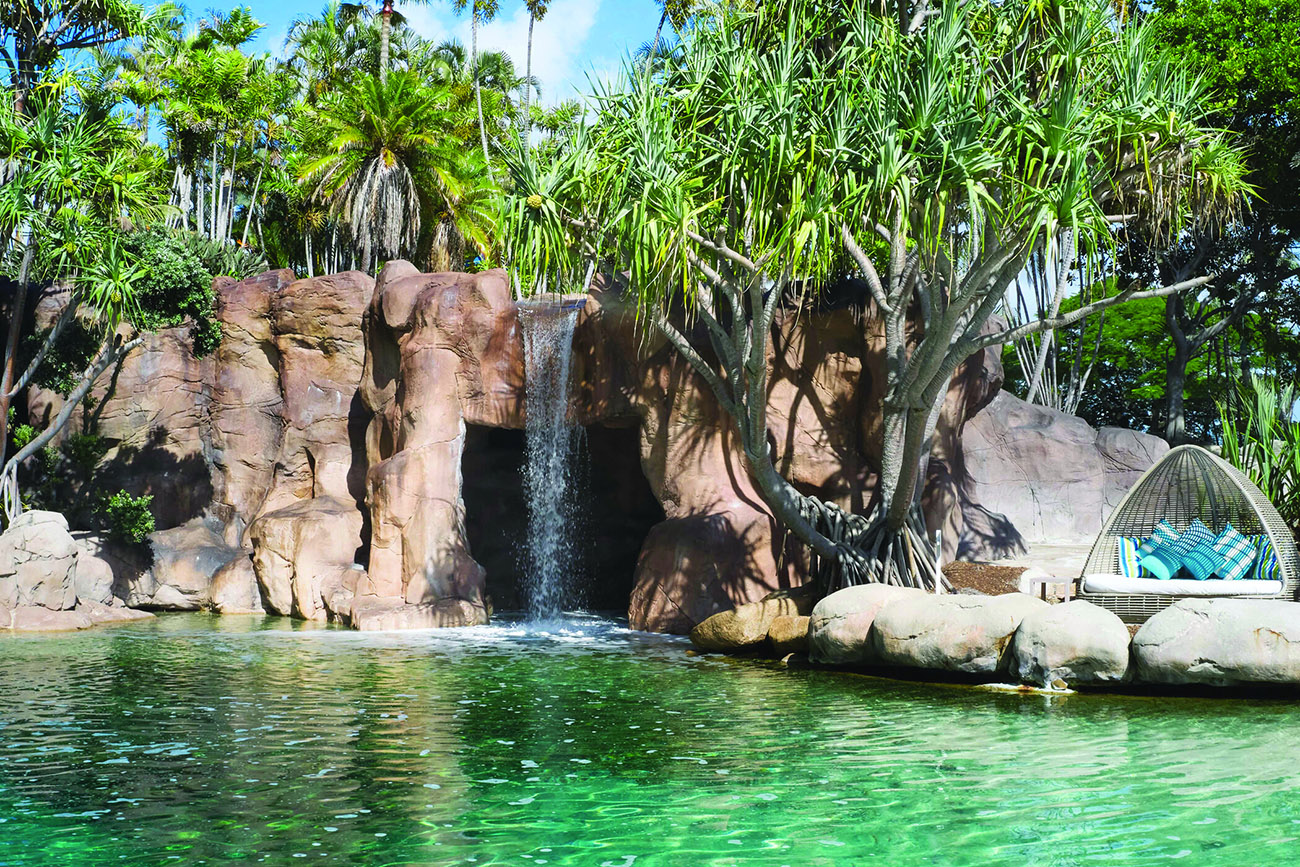 Small waterfall in pool grotto at a Marriott Vacation Club destination in surfers' paradise Australia