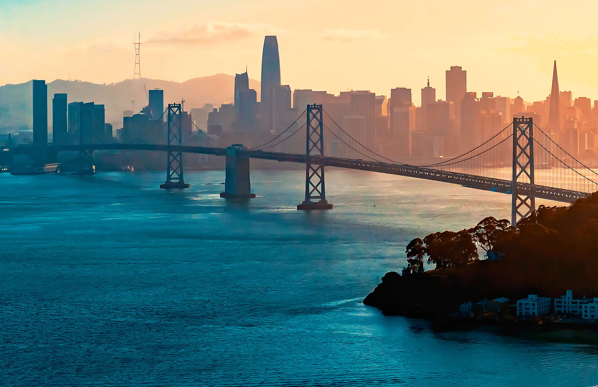 A view of San Francisco's Golden Gate Bridge at sunset